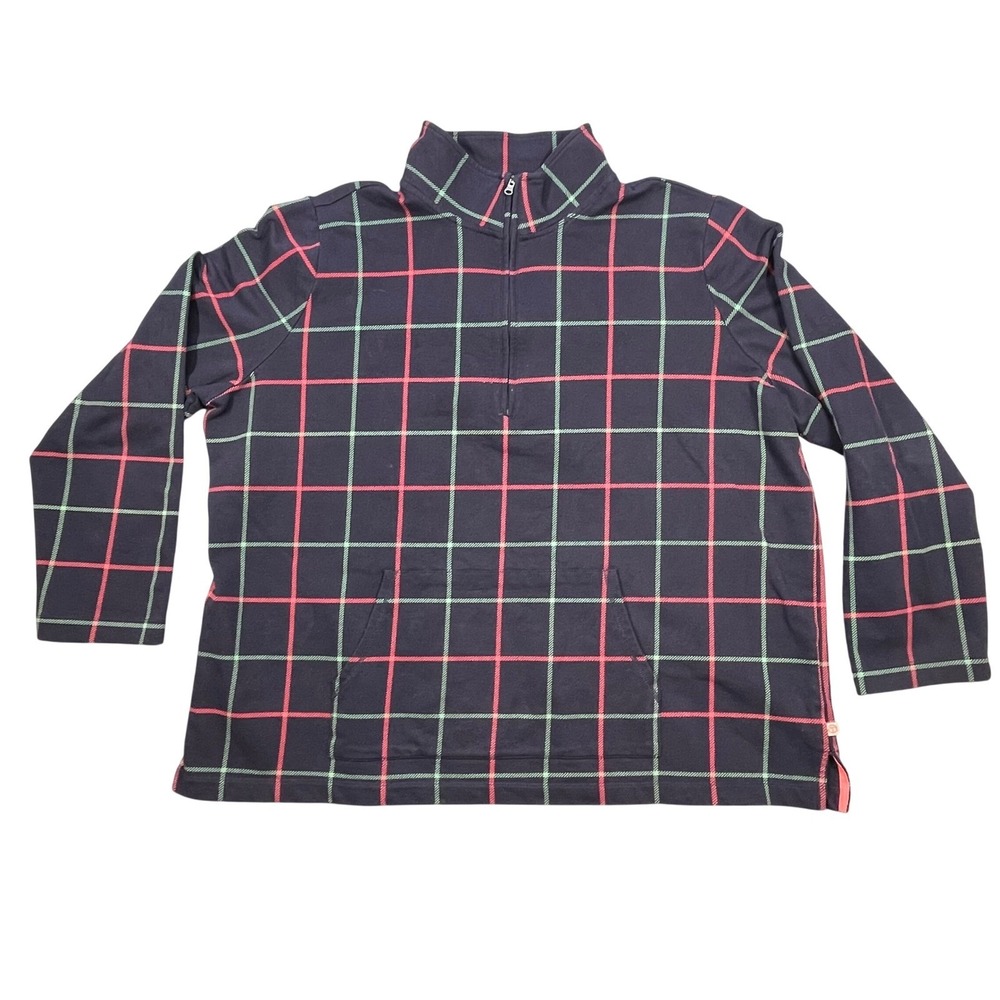 Talbots Navy Blue Plaid Quarter Zip Pullover Sweatshirt Women 2X